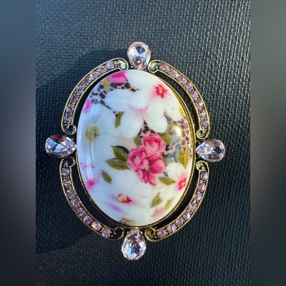 Pink Rhinestone Enamel Floral Brooch